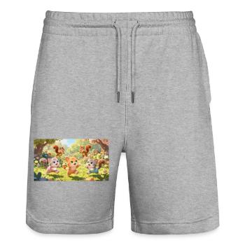 Cartoon Kätzchen und Eichhörnchen toben im Garten - Stanley/Stella Unisex Bio Joggingshorts Trainer  - Grau meliert - Vorne - Nik (191cm) & Marisol (170cm)