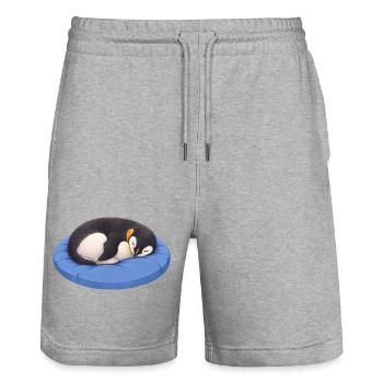 Mignon manchot de dessins animés endormi en train de se câliner - Short de jogging bio TRAINER Stanley/Stella unisexe - gris chiné - Devant - Nik (191cm) & Marisol (170cm)