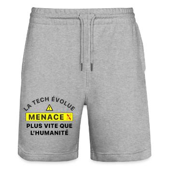 MenaceX_la_tech_evolue_plus_vite_que_l-humanite - Short de jogging bio TRAINER Stanley/Stella unisexe - gris chiné - Devant - Nik (191cm) & Marisol (170cm)