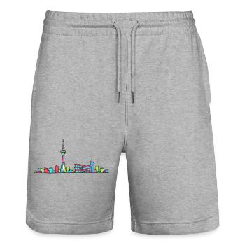 Stuttgarter Stadtskyline Fernsehturm Moderne Linienzeichnung - Stanley/Stella Unisex Bio Joggingshorts Trainer  - Grau meliert - Vorne - Nik (191cm) & Marisol (170cm)