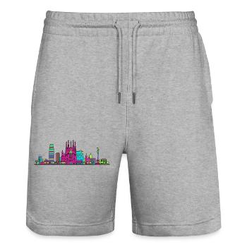 Art de ligne de la Skyline de la Sagrada Familia de la ville de Barcelone - Short de jogging bio TRAINER Stanley/Stella unisexe - gris chiné - Devant - Nik (191cm) & Marisol (170cm)