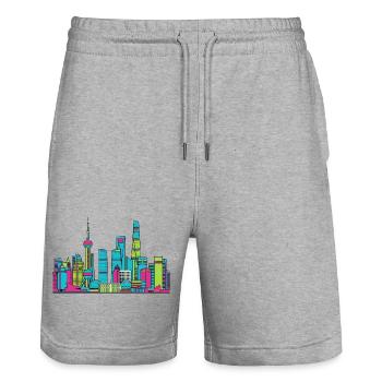 Dessin de lignes en perles orientales de la skyline de la ville de Shanghai - Short de jogging bio TRAINER Stanley/Stella unisexe - gris chiné - Devant - Nik (191cm) & Marisol (170cm)