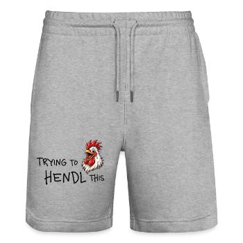 Trying to hendl this – Witziges Huhn Wortspiel - Stanley/Stella Unisex Bio Joggingshorts Trainer  - Grau meliert - Vorne - Nik (191cm) & Marisol (170cm)