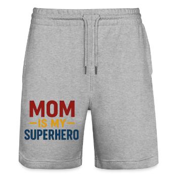 Maman Superhéros — Typographie audacieuse - Short de jogging bio TRAINER Stanley/Stella unisexe - gris chiné - Devant - Nik (191cm) & Marisol (170cm)