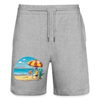 Beach vacation cartoon with umbrella - Stanley/Stella Trainer Unisex Organic Jogging Shorts - heather grey - Front - Nik (191cm) & Marisol (170cm)