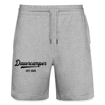 Campeur de longue durée 2026 Camper Camping de longue durée Camping de longue durée - Short de jogging bio TRAINER Stanley/Stella unisexe - gris chiné - Devant - Nik (191cm) & Marisol (170cm)
