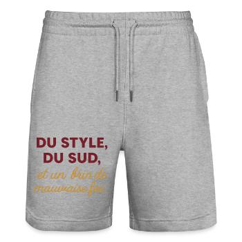 Style, Southern, and a bit of bad faith. - Stanley/Stella Trainer Unisex Organic Jogging Shorts - heather grey - Front - Nik (191cm) & Marisol (170cm)