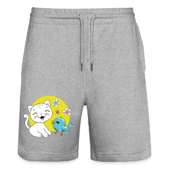 Le chaton blanc et l’oiseau bleu - Short de jogging bio TRAINER Stanley/Stella unisexe - gris chiné - Devant - Nik (191cm) & Marisol (170cm)