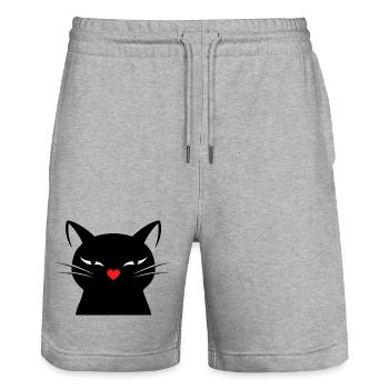 Visage de chat mignon avec un nez en cœur rouge | Chat en dessin linéaire - Short de jogging bio TRAINER Stanley/Stella unisexe - gris chiné - Devant - Nik (191cm) & Marisol (170cm)