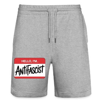 Hello I'm Antifascist - Antifa Tee - Stanley/Stella Trainer Unisex Organic Jogging Shorts - heather grey - Front - Nik (191cm) & Marisol (170cm)