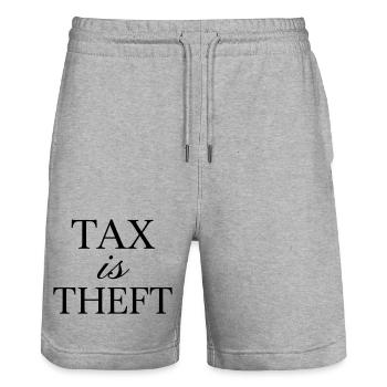 Tax is Theft - Citation libertarienne (couleur personnalisée) - Short de jogging bio TRAINER Stanley/Stella unisexe - gris chiné - Devant - Nik (191cm) & Marisol (170cm)