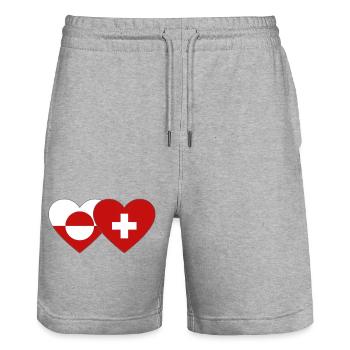 Greenland Switzerland Flag Hands Heart Shape - Stanley/Stella Trainer Unisex Organic Jogging Shorts - heather grey - Front - Nik (191cm) & Marisol (170cm)