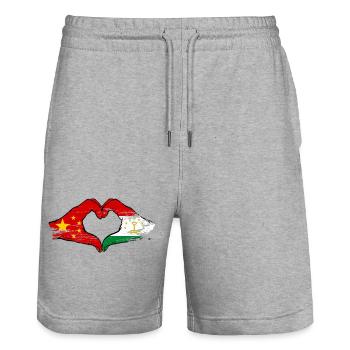 Drapeau du Tadjikistan Mains Forme de cœur - Short de jogging bio TRAINER Stanley/Stella unisexe - gris chiné - Devant - Nik (191cm) & Marisol (170cm)