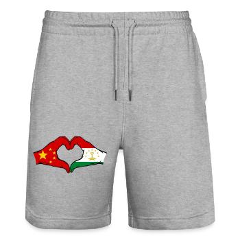 Mains du drapeau du Tadjikistan en forme de cœur utilisées - Short de jogging bio TRAINER Stanley/Stella unisexe - gris chiné - Devant - Nik (191cm) & Marisol (170cm)