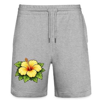 Gelber Hibiskus Tropenprint - Stanley/Stella Unisex Bio Joggingshorts Trainer  - Grau meliert - Vorne - Nik (191cm) & Marisol (170cm)