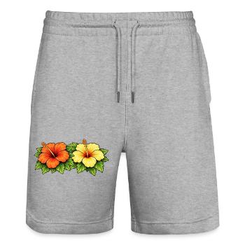 Hibiskus in Tropikfarben Blumen - Stanley/Stella Unisex Bio Joggingshorts Trainer  - Grau meliert - Vorne - Nik (191cm) & Marisol (170cm)