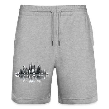 Black and White Skyline Reflection - Stanley/Stella Trainer Unisex Organic Jogging Shorts - heather grey - Front - Nik (191cm) & Marisol (170cm)