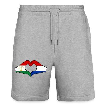 Drapeau du Tadjikistan des Pays-Bas, Mains, Forme de cœur - Short de jogging bio TRAINER Stanley/Stella unisexe - gris chiné - Devant - Nik (191cm) & Marisol (170cm)