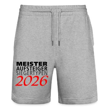 Meister, Aufsteiger, Siegertypen 2026  - Stanley/Stella Unisex Bio Joggingshorts Trainer  - Grau meliert - Vorne - Nik (191cm) & Marisol (170cm)