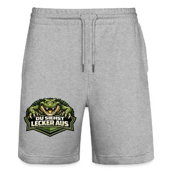 Krokodil Motiv mit: "Du siehst lecker aus" Spruch - Stanley/Stella Unisex Bio Joggingshorts Trainer  - Grau meliert - Vorne - Nik (191cm) & Marisol (170cm)