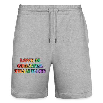 Love Is Greater Than Hate Rainbow - Stanley/Stella Trainer Unisex Organic Jogging Shorts - heather grey - Front - Nik (191cm) & Marisol (170cm)