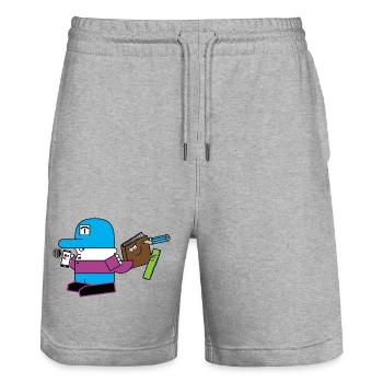 Blaues Maskottchen mit Schreibwaren-Sidekick - Stanley/Stella Unisex Bio Joggingshorts Trainer  - Grau meliert - Vorne - Nik (191cm) & Marisol (170cm)