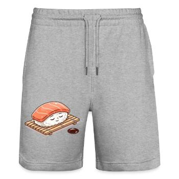 Kawaii Nigiri Sushi auf Bambus Matte - Stanley/Stella Unisex Bio Joggingshorts Trainer  - Grau meliert - Vorne - Nik (191cm) & Marisol (170cm)