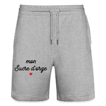 Mon Sucre d'Orge Script Cœur Rouge - Short de jogging bio TRAINER Stanley/Stella unisexe - gris chiné - Devant - Nik (191cm) & Marisol (170cm)