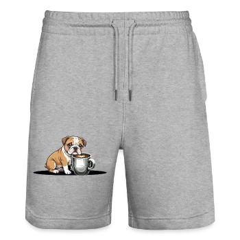 süße Bulldogge Welpe Hund mit Kaffeetasse Kawaii - Stanley/Stella Unisex Bio Joggingshorts Trainer  - Grau meliert - Vorne - Nik (191cm) & Marisol (170cm)