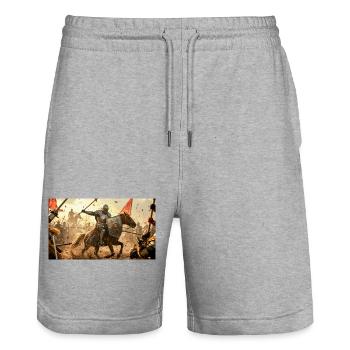 Le Serment de Sir Lancelot, chevalier de la Table ronde - Short de jogging bio TRAINER Stanley/Stella unisexe - gris chiné - Devant - Nik (191cm) & Marisol (170cm)