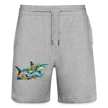 Colorful Underwater Colors Art Mosaic Shark Motif - Stanley/Stella Trainer Unisex Organic Jogging Shorts - heather grey - Front - Nik (191cm) & Marisol (170cm)