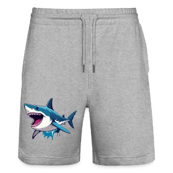 Motif maritime joyeux de l’effet de spritz du grand grand requin blanc - Short de jogging bio TRAINER Stanley/Stella unisexe - gris chiné - Devant - Nik (191cm) & Marisol (170cm)