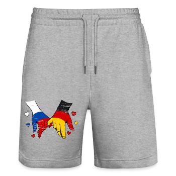 Drapeau russe-allemand se tenant la main - Short de jogging bio TRAINER Stanley/Stella unisexe - gris chiné - Devant - Nik (191cm) & Marisol (170cm)