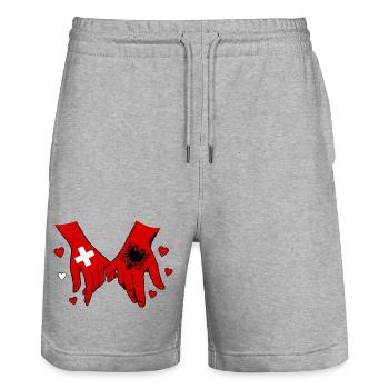 Switzerland Albania Flag Holding Hands - Stanley/Stella Trainer Unisex Organic Jogging Shorts - heather grey - Front - Nik (191cm) & Marisol (170cm)