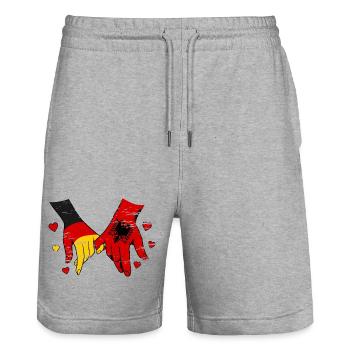 Drapeau Allemagne-Albanie se tenant la main utilisé - Short de jogging bio TRAINER Stanley/Stella unisexe - gris chiné - Devant - Nik (191cm) & Marisol (170cm)