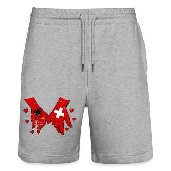 Drapeau de l’Albanie et de la Suisse se tenant la main utilisé - Short de jogging bio TRAINER Stanley/Stella unisexe - gris chiné - Devant - Nik (191cm) & Marisol (170cm)