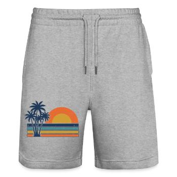 Plage d’été rétro avec des palmiers au coucher de soleil - Short de jogging bio TRAINER Stanley/Stella unisexe - gris chiné - Devant - Nik (191cm) & Marisol (170cm)