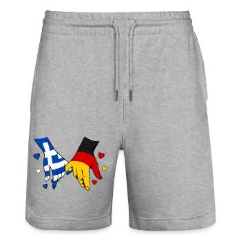 Drapeau Grèce-Allemagne se tenant la main - Short de jogging bio TRAINER Stanley/Stella unisexe - gris chiné - Devant - Nik (191cm) & Marisol (170cm)