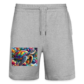 Tortue tropicale arcenciel sur fleurs - Short de jogging bio TRAINER Stanley/Stella unisexe - gris chiné - Devant - Nik (191cm) & Marisol (170cm)
