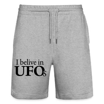 I Believe in UFOs Alien Funny Quote - Stanley/Stella Trainer Unisex Organic Jogging Shorts - heather grey - Front - Nik (191cm) & Marisol (170cm)