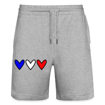 COEUR. FRANCE. BLEU. BLAN. ROUGE. COEUR. COUPLE - Short de jogging bio TRAINER Stanley/Stella unisexe - gris chiné - Devant - Nik (191cm) & Marisol (170cm)