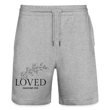Liebte Jeremia 31,3 – Ewige Liebe Christlich - Stanley/Stella Unisex Bio Joggingshorts Trainer  - Grau meliert - Vorne - Nik (191cm) & Marisol (170cm)