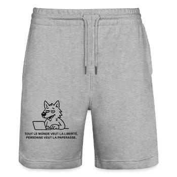 Loup blasé face à la paperasse - Short de jogging bio TRAINER Stanley/Stella unisexe - gris chiné - Devant - Nik (191cm) & Marisol (170cm)