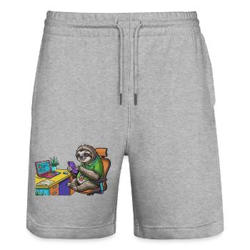 Fauler Büro-Sloth mit Laptop und Smartphone - Stanley/Stella Unisex Bio Joggingshorts Trainer  - Grau meliert - Vorne - Nik (191cm) & Marisol (170cm)