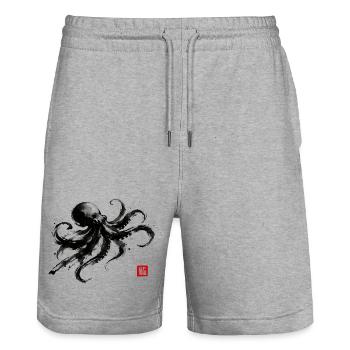 Japanischer Tusche Oktopus Krake Sumi-e Kunst - Stanley/Stella Unisex Bio Joggingshorts Trainer  - Grau meliert - Vorne - Nik (191cm) & Marisol (170cm)
