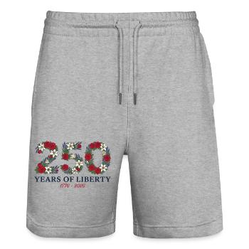 USA 250-jähriges Jubiläum Floral Patriotic - Stanley/Stella Unisex Bio Joggingshorts Trainer  - Grau meliert - Vorne - Nik (191cm) & Marisol (170cm)