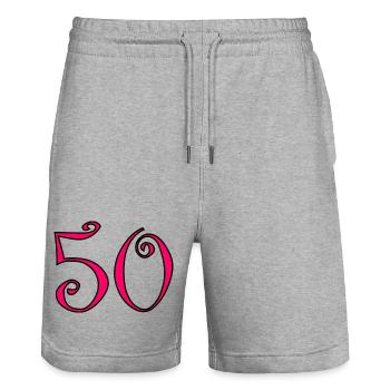 50. 50 ANS. 50e ANNIVERSAIRE. ANNIVERSAIRE 50 ANS. - Short de jogging bio TRAINER Stanley/Stella unisexe - gris chiné - Devant - Nik (191cm) & Marisol (170cm)