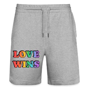 Love Wins LGBT Month Rainbow Text - Stanley/Stella Trainer Unisex Organic Jogging Shorts - heather grey - Front - Nik (191cm) & Marisol (170cm)
