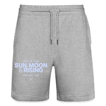 Sun Moon Rising Saying - Stanley/Stella Trainer Unisex Organic Jogging Shorts - heather grey - Front - Nik (191cm) & Marisol (170cm)