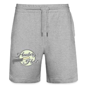 Held des Haubergs Hauberg Held Heldin Haubergheld - Stanley/Stella Unisex Bio Joggingshorts Trainer  - Grau meliert - Vorne - Nik (191cm) & Marisol (170cm)